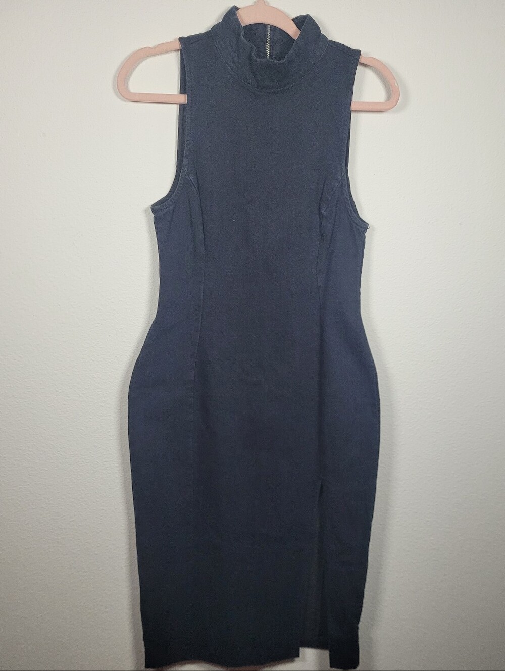Zara Black Denim Sleeveless Mock Neck Midi Dress Front Slit Sz Medium Streetwear